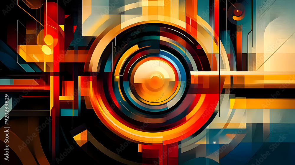 Poster abstract geometric design with vibrant colors and circular elements.