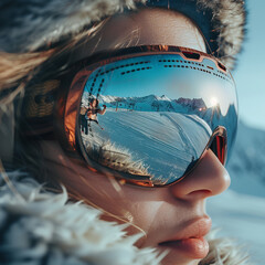 Close up of a girl with a ski mask reflecting a snowy mountain and ski slope, blue sky panoramic background, ski web abnner .