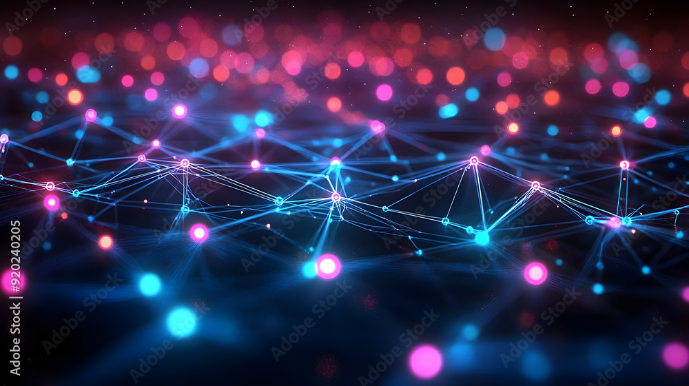 Poster abstract representation of interconnected nodes and networks with vibrant colors.