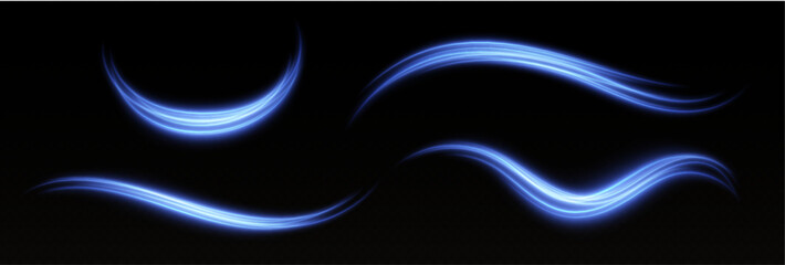 Speed lines light effect, glowing magic rays, abstract waves and curves. Cold wind swoosh concept. Vector illustration.