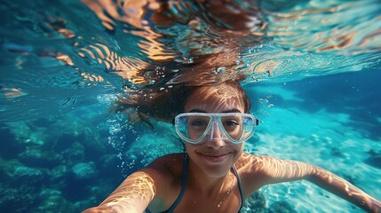 Fototapeta premium Happy young woman swimming underwater in the tropical ocean. copy space for text.