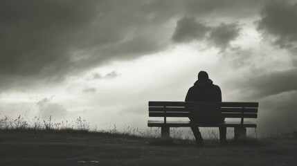 A person sits alone on a park bench their shoulders slumped and their head bowed in sorrow reflecting deep personal loss and grief