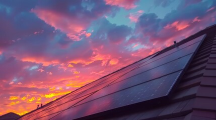 Obraz premium Solar Panels Reflecting Sunset