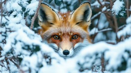 Obraz premium A Red Fox Peeking Through a Snowy Bush