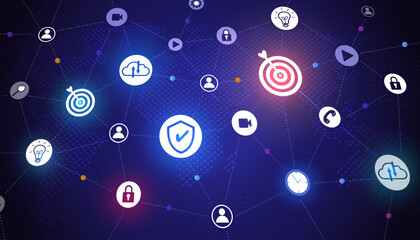 Digital technology and business ecosystem concept. A network of glowing icons including target, security, and cloud on a futuristic background. Vector for digital transformation.