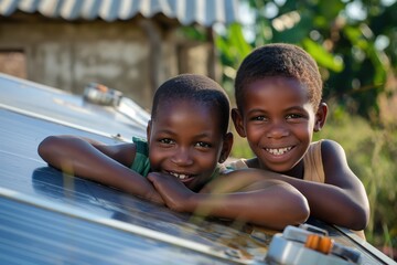 Two young boys smile while resting on a solar panel.