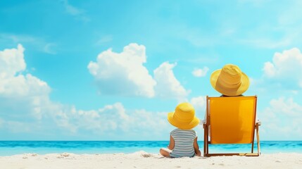 Naklejka premium A serene beach scene featuring a child and an adult relaxing under the sun, enjoying a peaceful moment by the ocean.