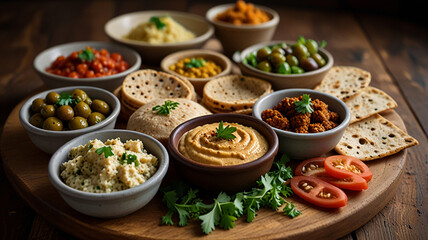 An Assortment Of Hummus, Falafel, Tabbouleh, Olives, And Pita Bread, Presented On A Rustic Wooden Board, Food Menu Image