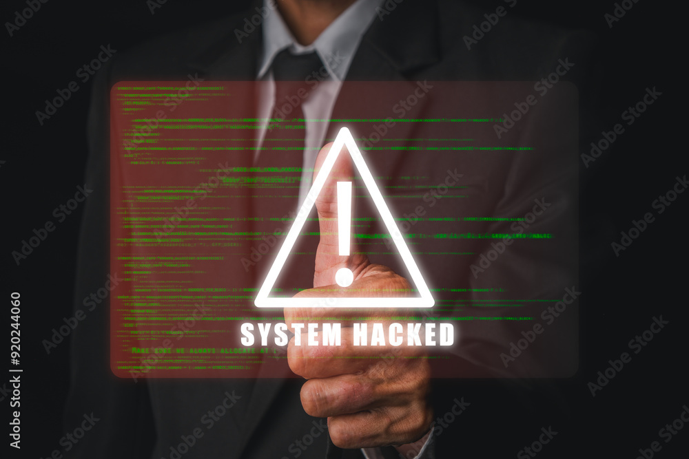 Poster businessman in a suit pointing at a holographic warning sign with the text 