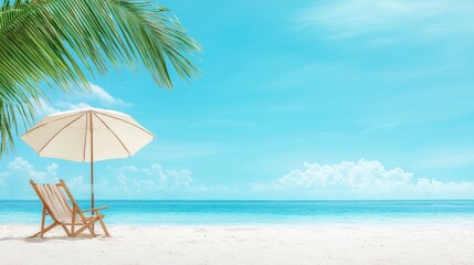 A serene beach scene featuring a wooden lounge chair, a white umbrella, and clear blue waters under a bright sky.