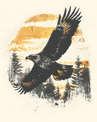 Hawk Bird forest linocut print illustration