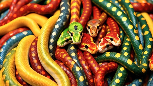 Many snakes with many colors. Generative AI illustration