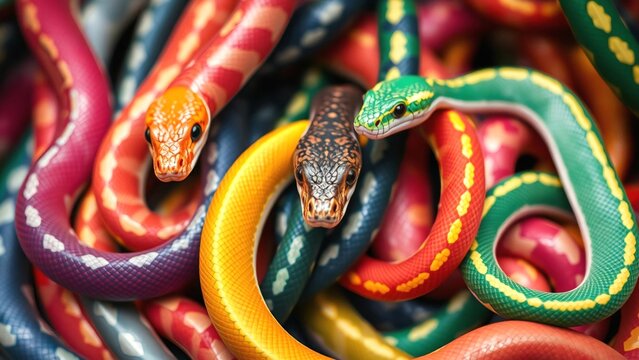 Many snakes with many colors. Generative AI illustration