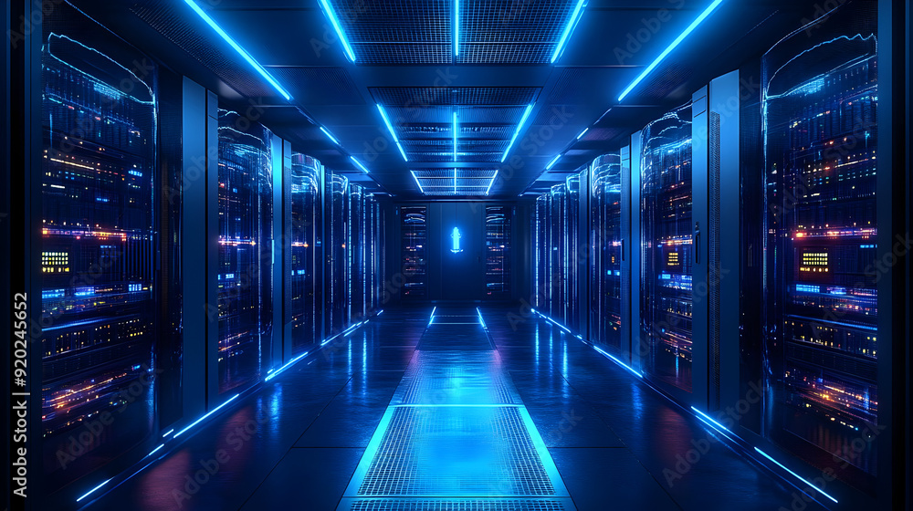 Poster a futuristic server room with glowing blue lights and rows of data servers.
