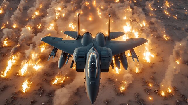 F-15E Strike Eagle Flying Above Explosions.