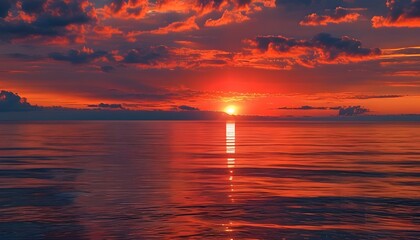 The sunset on the calm sea, the red sunset reflects the surrounding sky, making it picturesque.