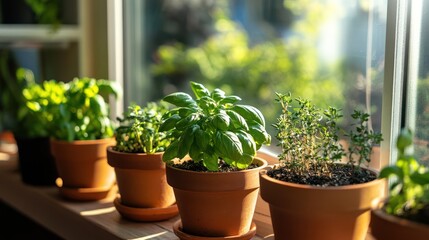 Potted Herbs on Windowsill Basking in the Sunlight