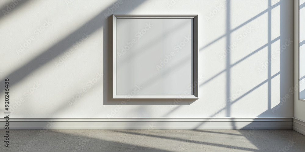Poster Empty frame hanging on white wall with window light casting shadows