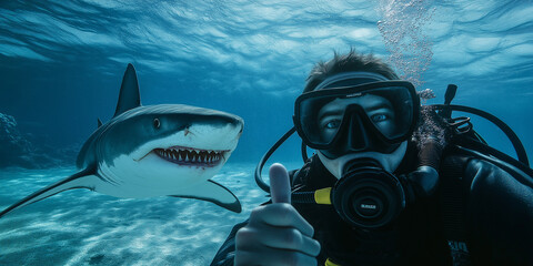Scuba diver giving thumbs up with great white shark swimming in background