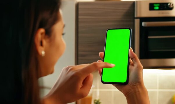 Chroma Green Screen Close-Up of Young Woman Preheating Oven with Smartphone App