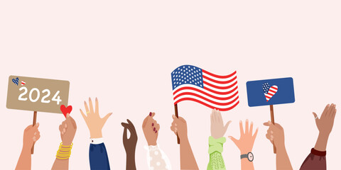 Diverse hands holding placard with vote and American flag. US presidential campaign 2024. USA election voting concept. People voting. Different hands hold papers with votes. Vote day, November 5.