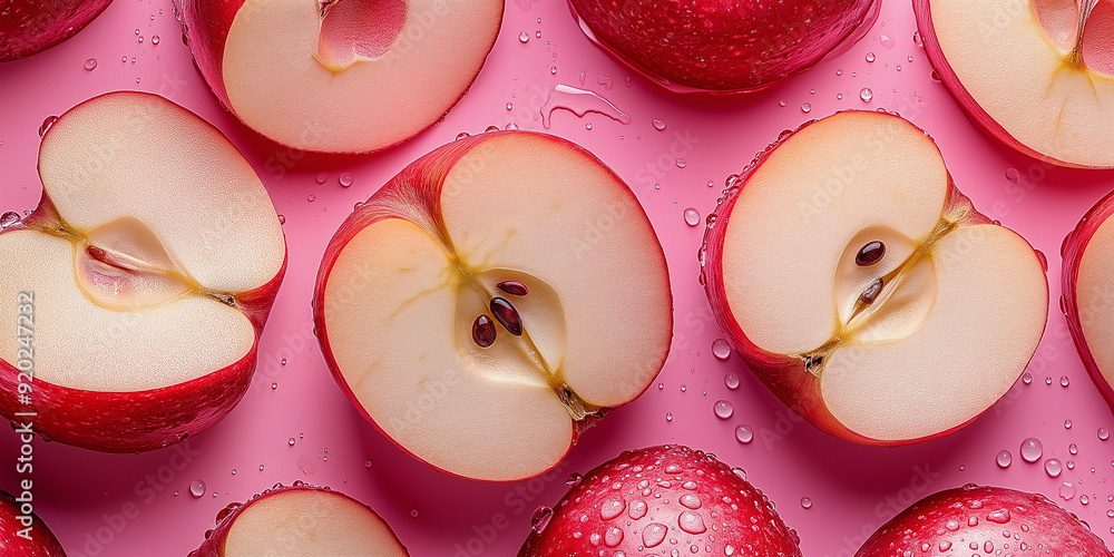 Poster pattern of red apple halves lying on pink background with water drops