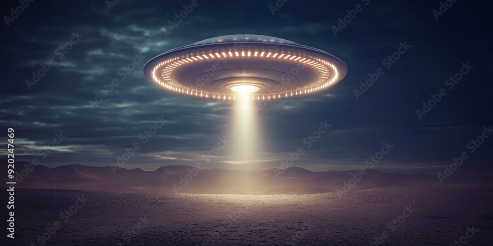 Aufkleber Unidentified flying object hovering over an empty desert at night