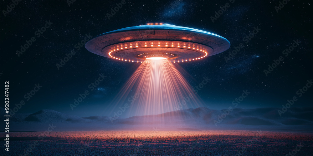 Poster large spaceship hovering over an alien planet at night, emitting a beam of light