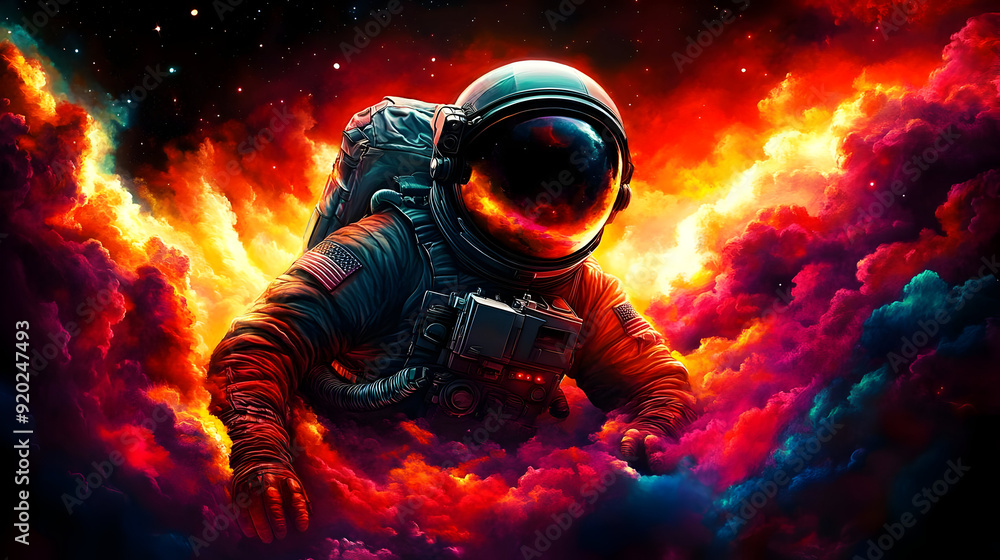 Poster an astronaut navigating through vibrant cosmic clouds in a colorful space scene.