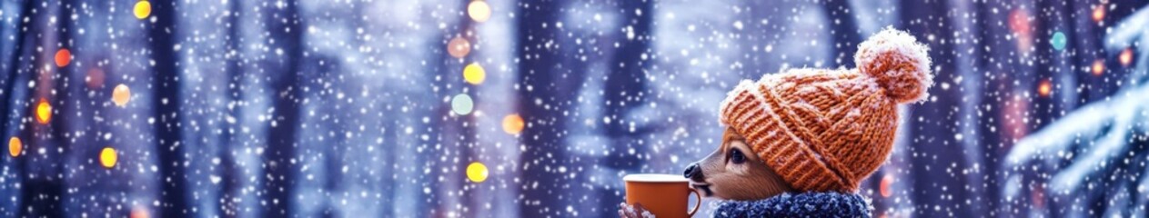 Cheerful Little Deer in a Knitted Cap Enjoying Cocoa from a Cup, Set in a Winter Forest with Fir Trees, Snow, and Festive Lights for New Year's Holiday Postcard.