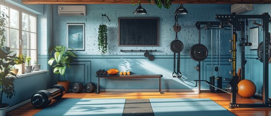 Home gym with versatile workout stations, gym at home, comprehensive and adaptable fitness