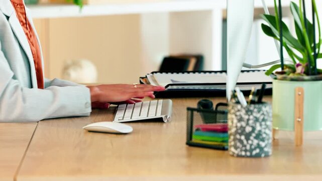 Woman hands typing on computer keyboard. Closeup of a businesswoman doing office admin. Female entrepreneur clicking and writing email, communicating and networking doing online marketing on website