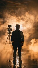 Fototapeta premium Silhouette of a cameraman on a set with smoke.