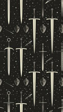 Seamless pattern of swords and stars.