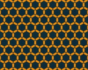 Repeating pattern of intricate circular designs in vibrant orange on dark blue background, creating depth and complexity with striking color contrast.
