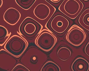 An abstract background with a repeating pattern of squares and circles in shades of red, orange, and black. The shapes are slightly distorted