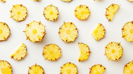 Flat lay of pineapple slices on white background.