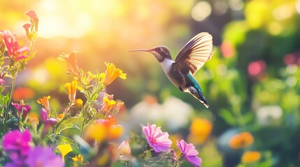 Hummingbird in Flight Amidst a Colorful Garden