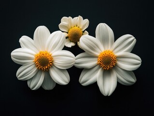 Obraz premium White flowers with yellow centers on black background