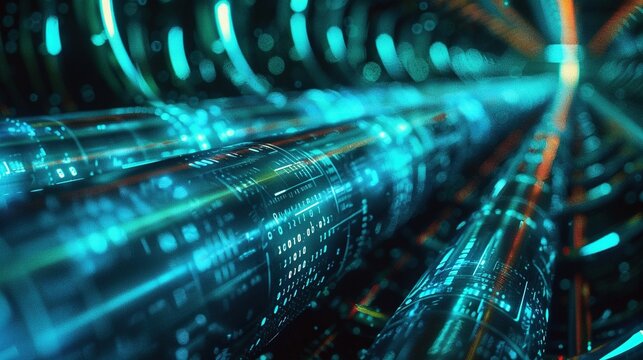 Abstract digital data stream with glowing blue lines and binary code