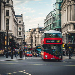 Fototapeta premium A classic red London double-decker bus on a busy city street