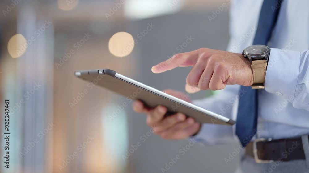 Poster Scrolling on the internet and planning successful ideas. Business man browsing on a digital tablet in an office. Closeup on hands of a corporate professional and expert staying organized with apps