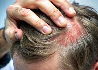Close-up of a person's hand scratching their scalp, revealing flaky skin and redness, illustrating the discomfort and irritation of an itchy scalp condition.