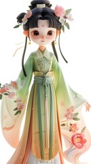 Obraz premium Adorable 3D game character of a beautiful woman in traditional Hanfu, featuring her Asian heritage against a white background. This charming design embodies the spirit of cultural richness, making it 