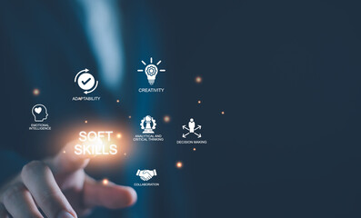 Soft skills HR concept. Business man with icons of soft skills, emotional intelligence, creativity, collaboration, adaptability, decision making and analytical thinking. Soft skills business training