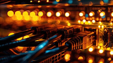 Obraz premium Close-Up of Network Cables in a Server Rack