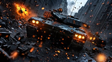 A gritty and intense depiction of a tank battle in a desolate urban environment, with debris and destruction surrounding