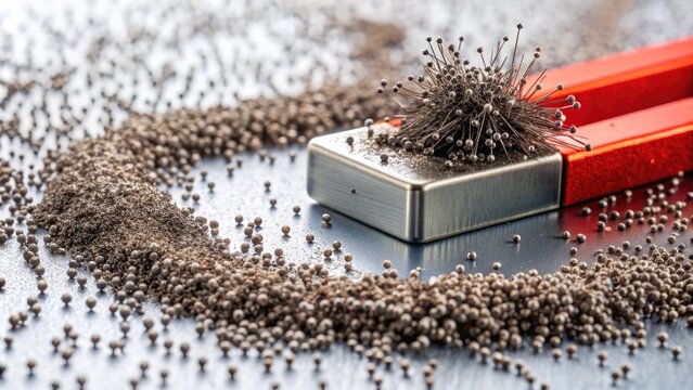 Macro shot of strong magnets attracting and separating small iron filings and pins from non-ferrous materials on a white laboratory countertop.