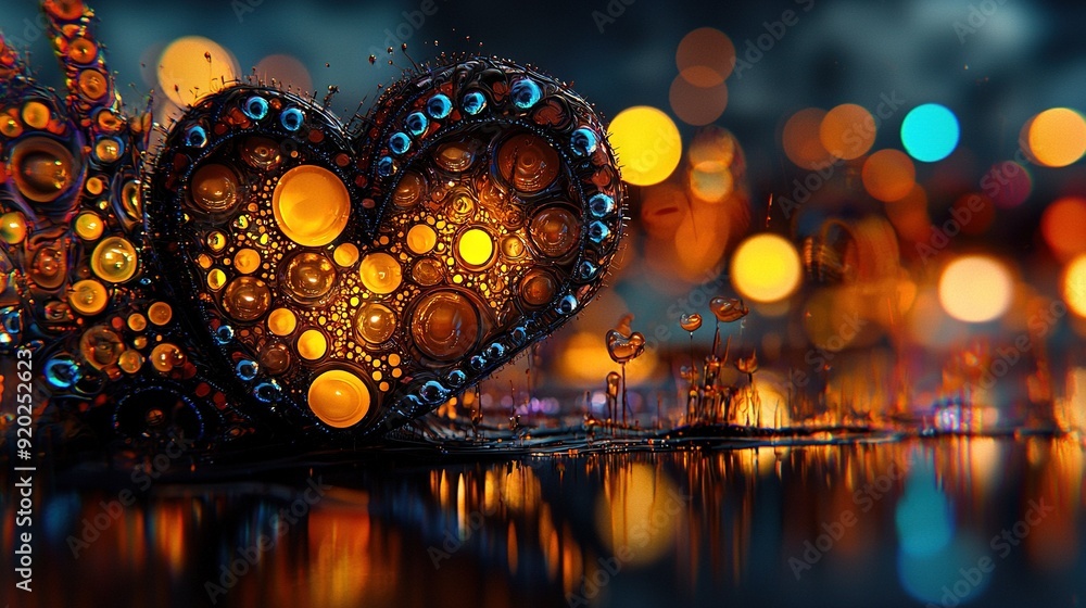 Poster heart-shaped object floating on water surface with surrounding bright lights