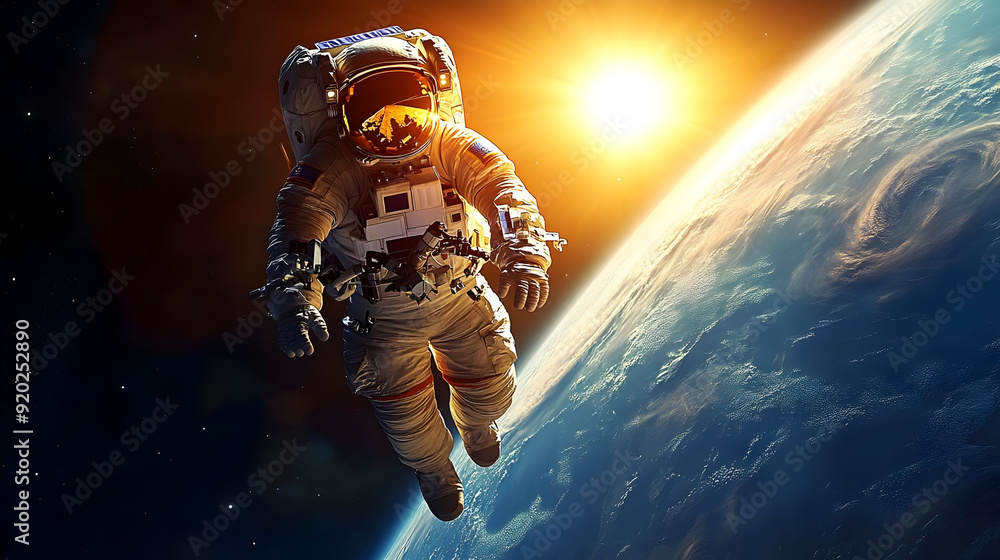 Poster astronaut floating in space with earth and the sun in the background.